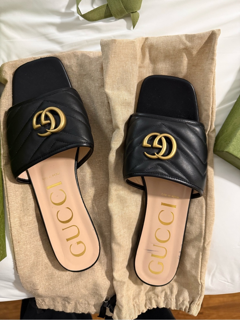 Gucci Black Leather Slide Mules with Gold Double G